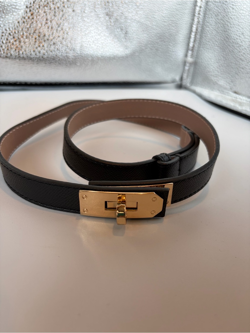 Women's Black Leather Waist Belt with Gold Turnlock KELLY BELT